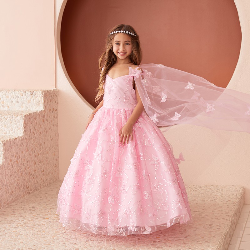 Flower Girl Dresses 1 Black Tie Affair LLC image of a little girls pink pageant dress with butterflies and a long, flowing cape.