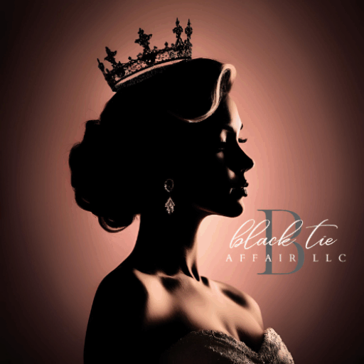 Home 1 Black Tie Affair silhouette logo of a prom queen or bride in a formal gown and crown.